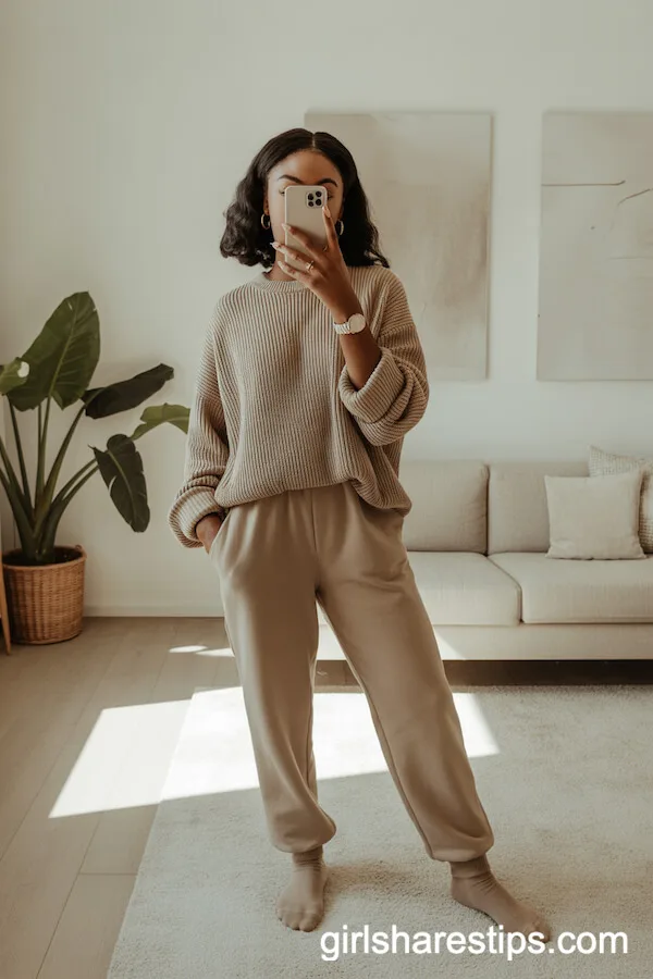 Beige Oversized Sweatpants with Matching Knit Sweater