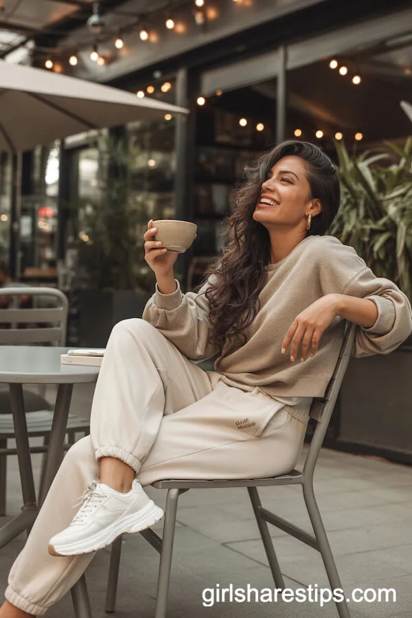 Cream Sweatpants and Oversized Sweater with Chunky Sneakers