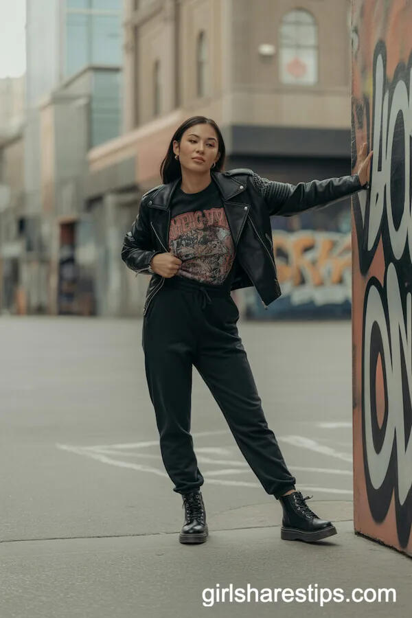 Black Slim Sweatpants with Graphic T-Shirt and Leather Jacket