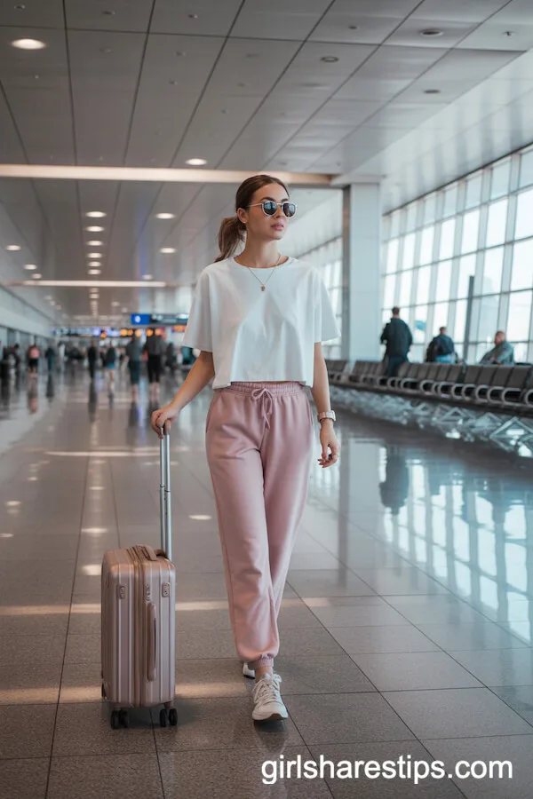 Blush Pink Sweatpants with White Loose Tee and Sneakers