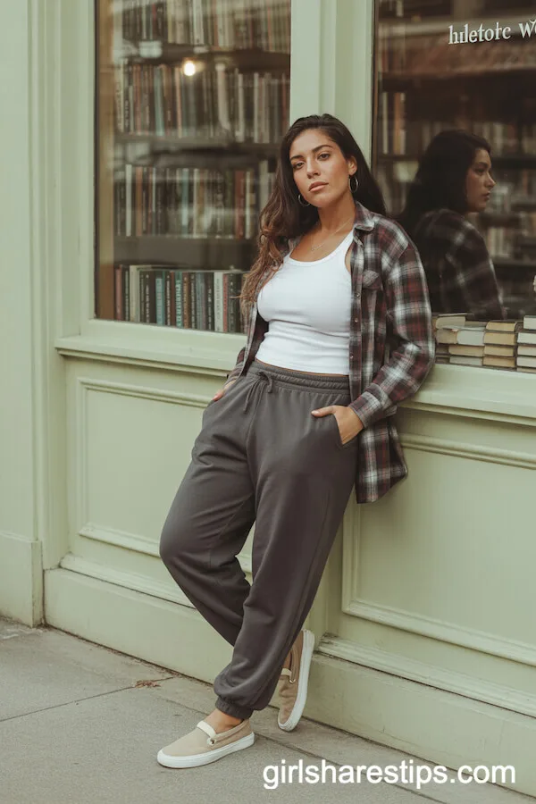 Charcoal Sweatpants with White Tank and Open Plaid Flannel Shirt
