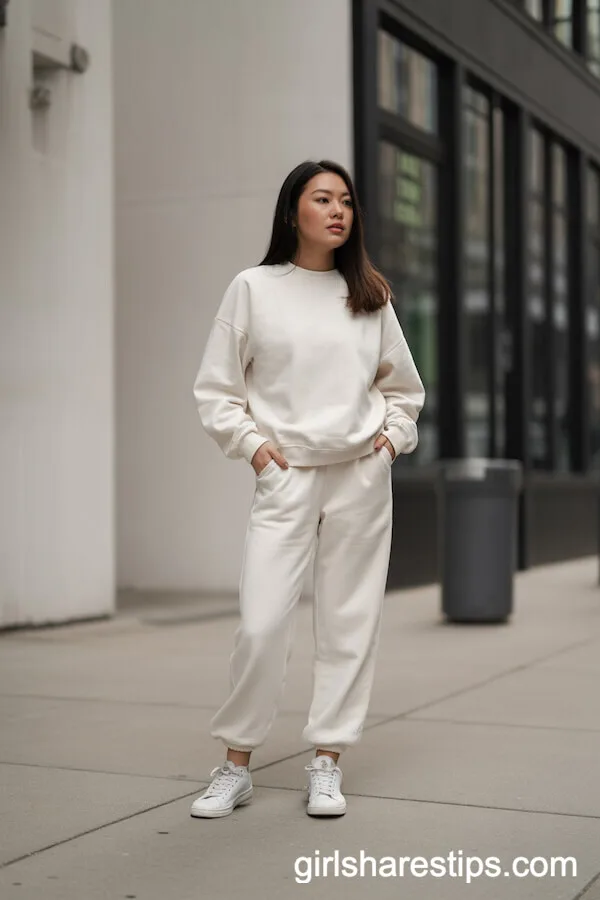 All-White Sweatpants and Sweatshirt Set with White Sneakers