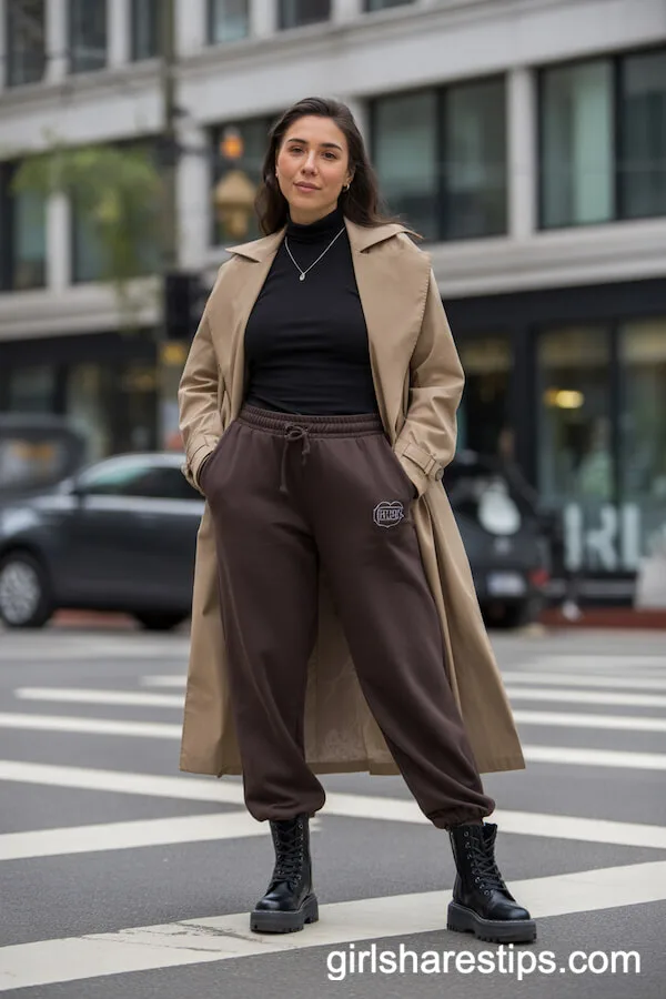 Dark Brown Sweatpants with Black Turtleneck and Beige Trench Coat
