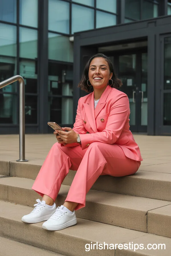 Statement Coral Pink Pantsuit with Sneakers