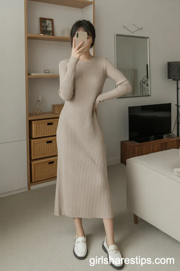 Beige Ribbed Midi Dress for Minimalist Office Vibes