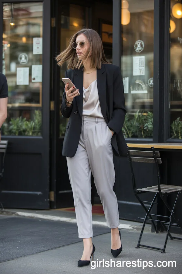 Black Blazer with Champagne Camisole & Grey Pants