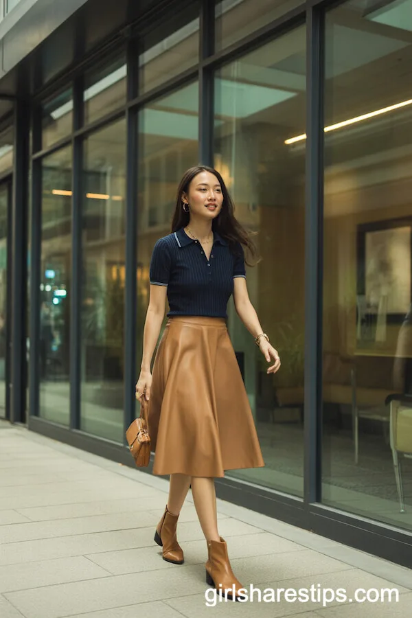 Navy Knit Polo & A-Line Tan Skirt Ensemble