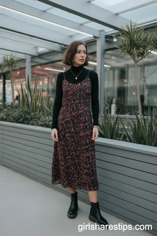 Floral Dress Layered with Black Turtleneck