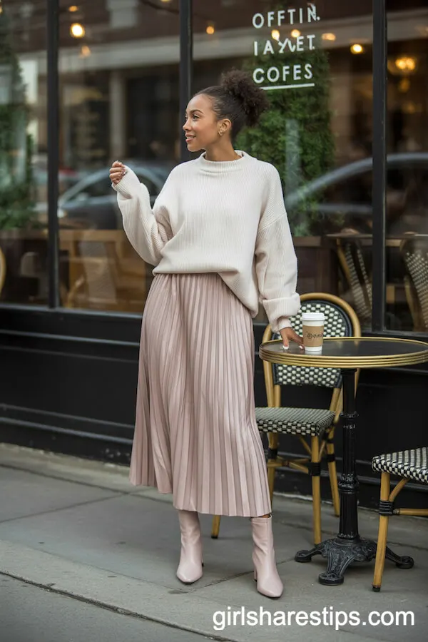 Cream Sweater Blush Midi Skirt Chic