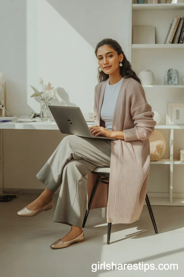 Blush Longline Cardigan Grey Trousers Cozy Look