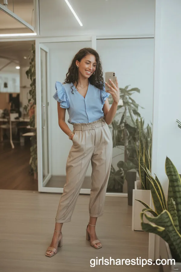 Ruffled Light Blue Blouse & Paperbag Pants Style