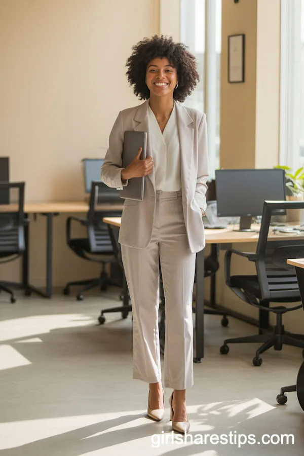 Light Beige Pantsuit with White Blouse Elegance