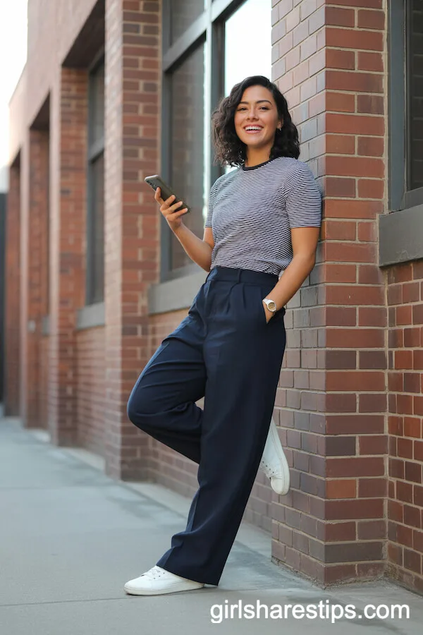 Striped Tee & Navy Wide-Leg Trousers Casual