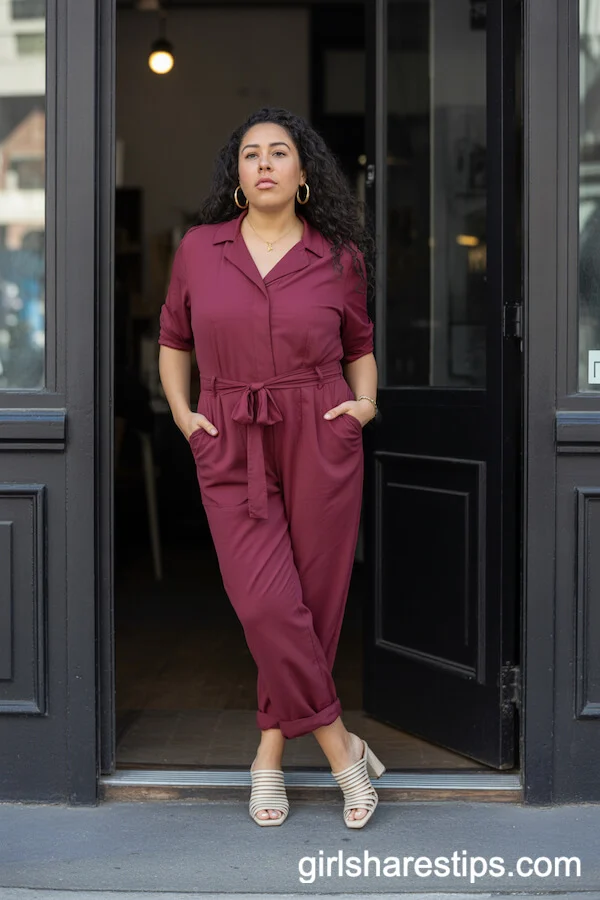 Burgundy Jumpsuit for a Creative Workspace