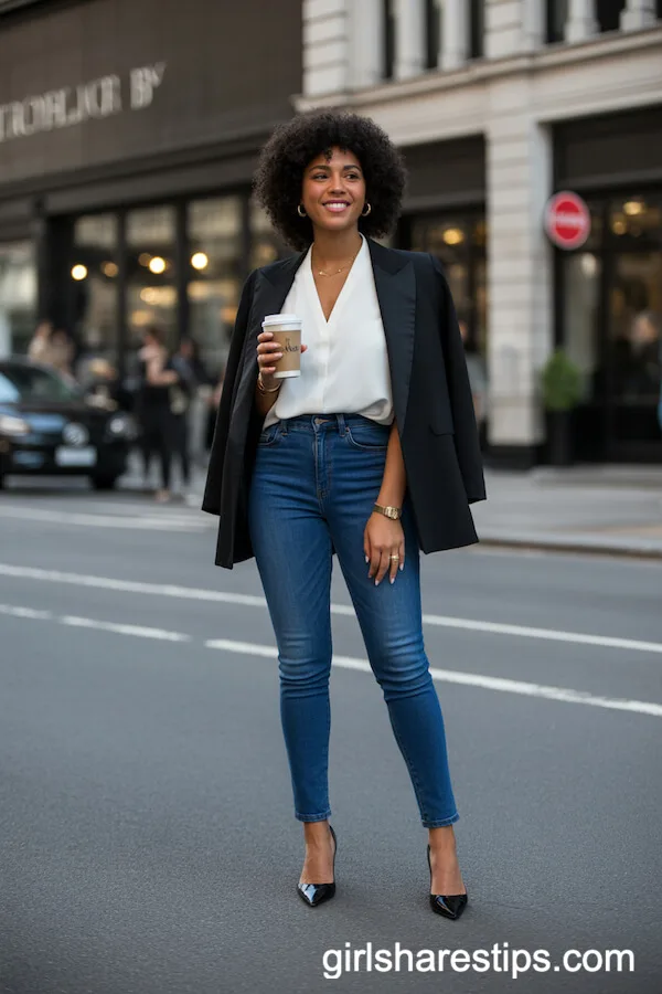 Classic Blue Skinny Jeans with a Chic Blazer and White Blouse