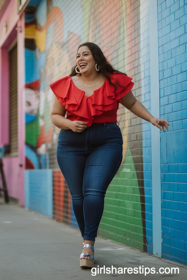 Dark Blue Skinny Jeans and a Bold Red Ruffled Blouse