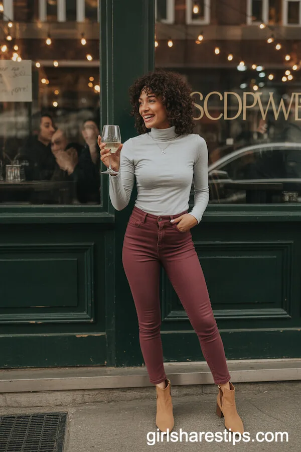 Burgundy Skinny Jeans and a Gray Turtleneck for Wine Bar Evenings