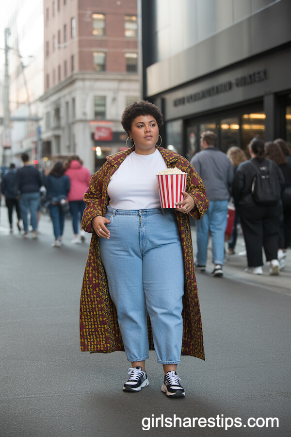 Light-Wash Mom Jeans and a Bold Patterned Long Coat