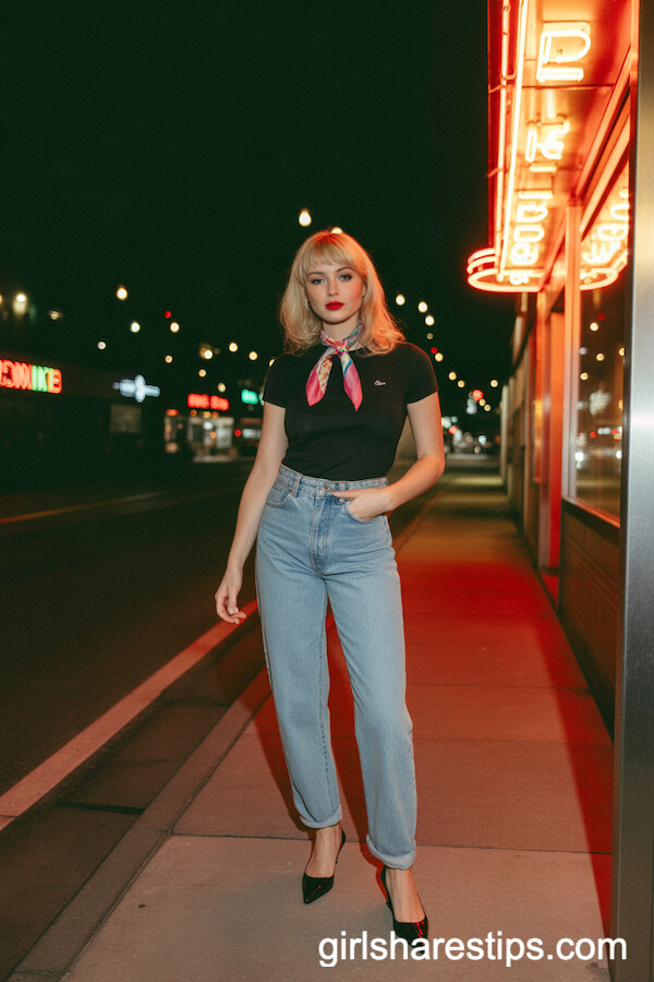 Vintage High-Rise Jeans, Black Tee, and Silk Scarf for Retro Vibes