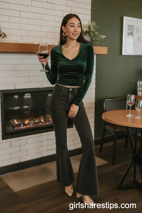Dark Flared Jeans with an Emerald Velvet Top Fireside