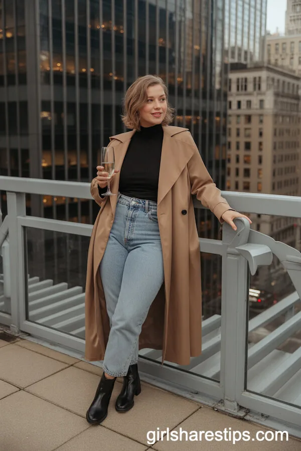 Distressed Straight-Leg Jeans with a Camel Trench Coat for Balcony Dates