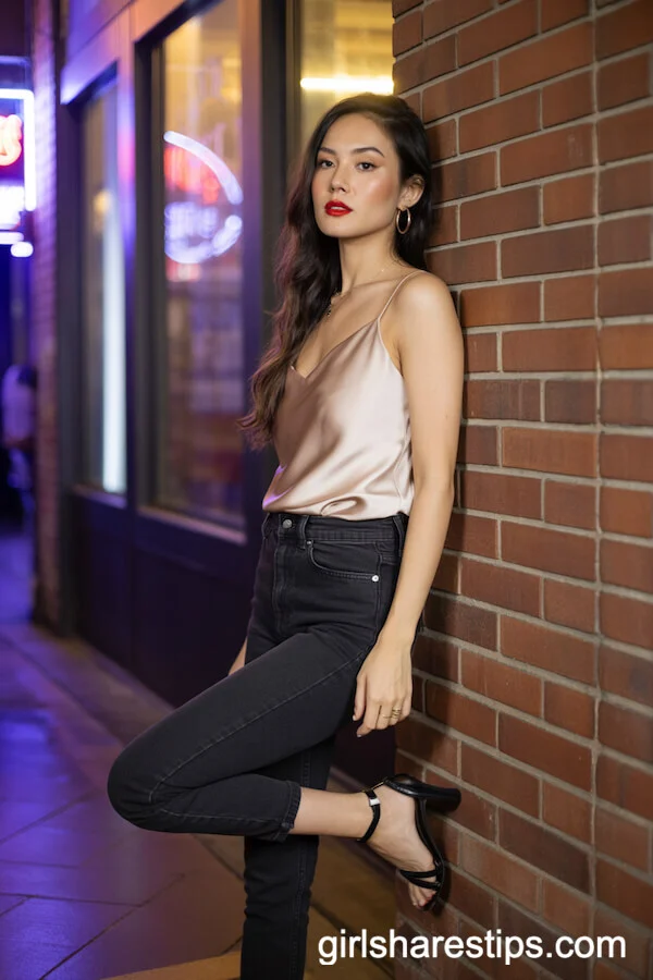 High-Waisted Black Jeans and a Silky Camisole for an Edgy Night Out