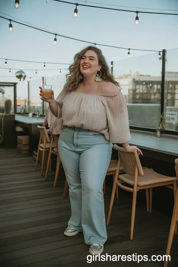 Light Wash Flare Jeans with a Boho Off-Shoulder Top