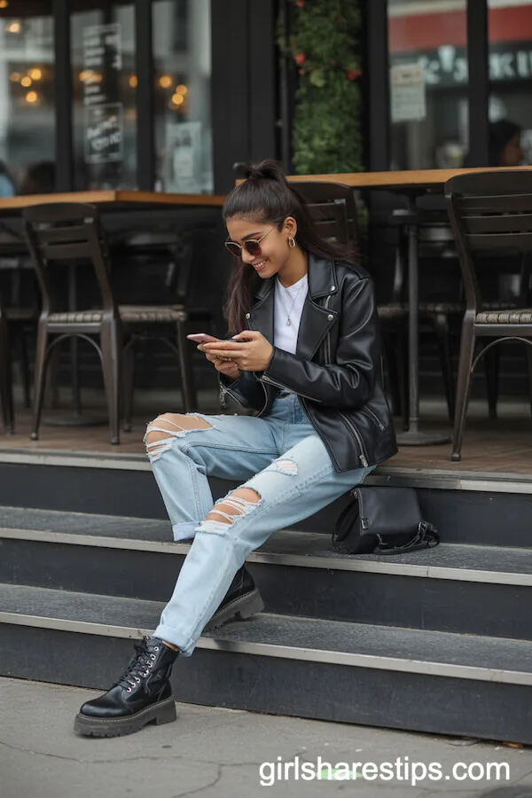 Ripped Boyfriend Jeans, White Tee, a Sleek Leather Jacket