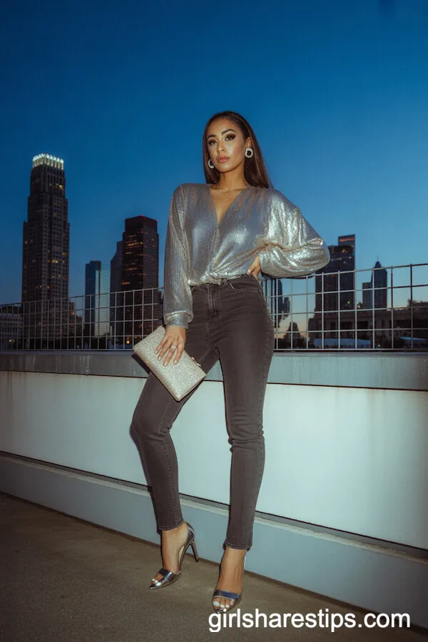 Dark Skinny Jeans with a Silver Sequined Top for Glam Evenings