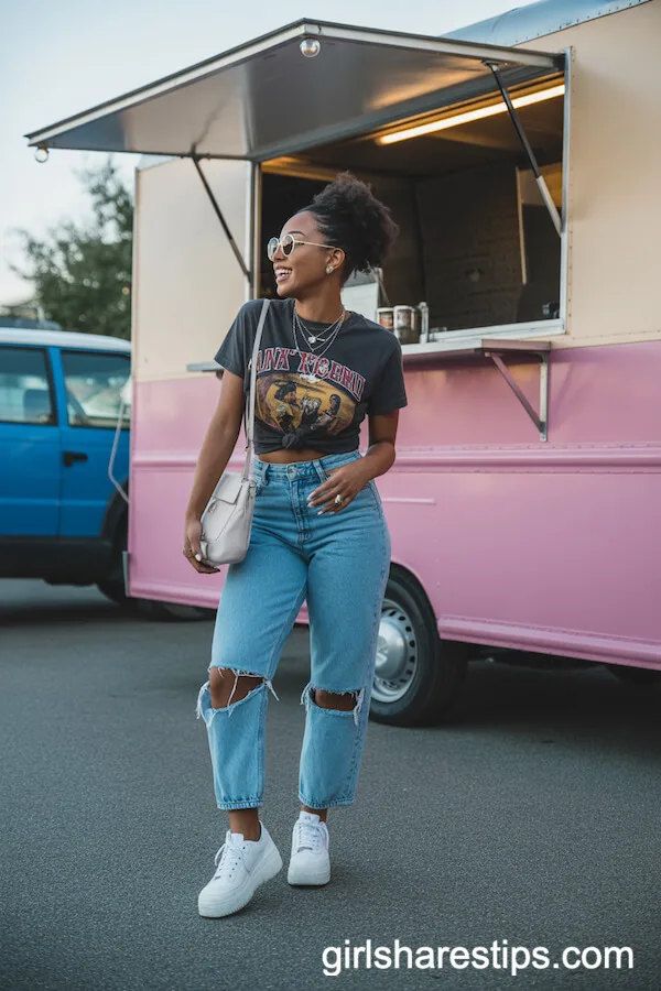 Frayed Hem Jeans with a Vintage Band Tee for Food Truck Fun