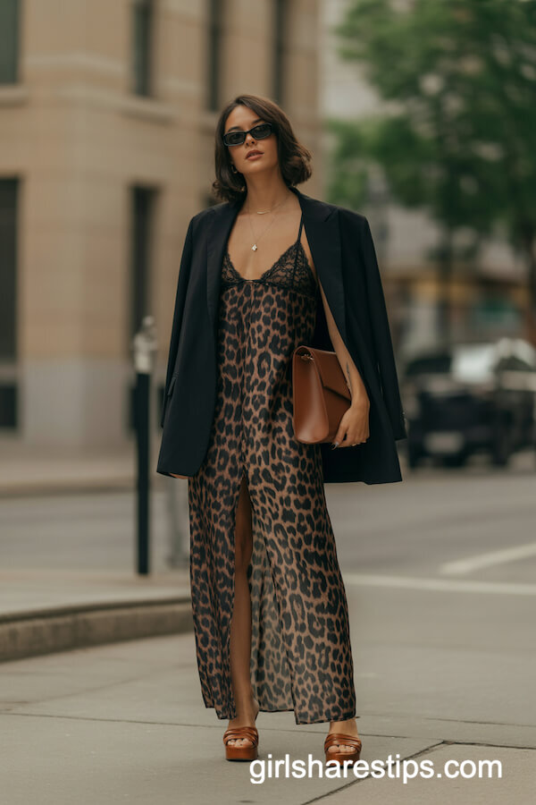 Leopard Print Slip Dress With Brown Platform Sandals
