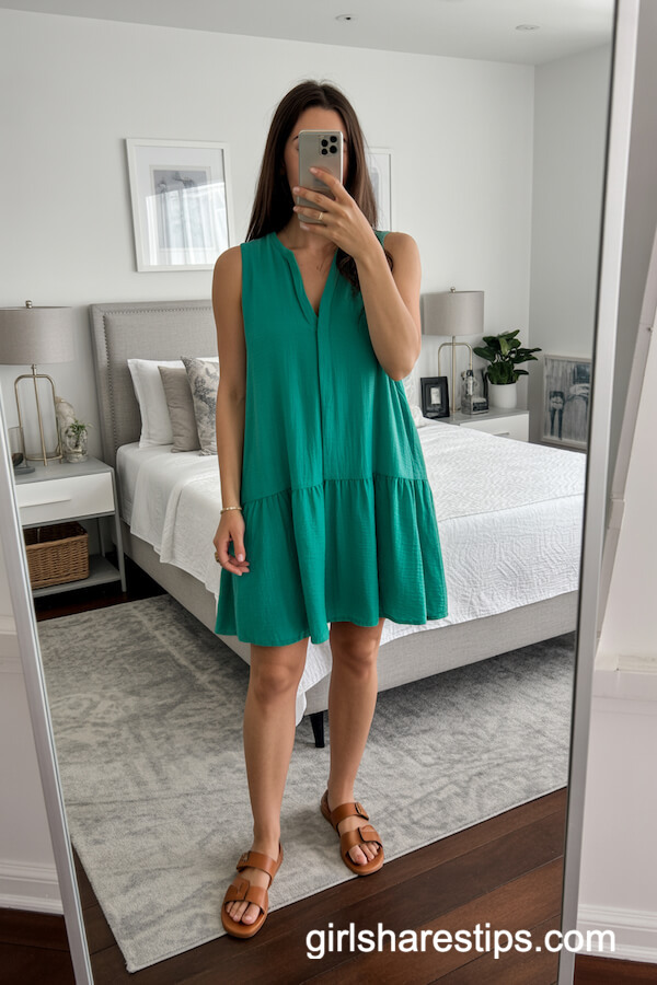 Emerald Green Dress With Brown Flat Sandals