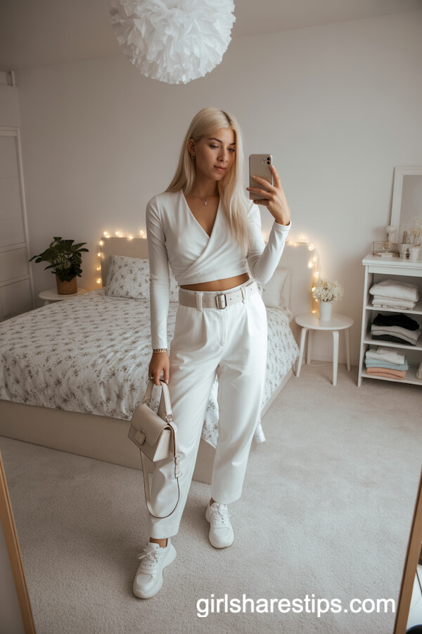 All White Wrap Top And Paperbag Pants With Chunky Sneakers