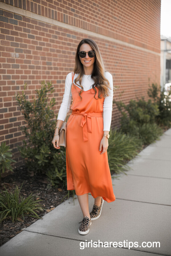 Orange Slip Dress With Leopard Print Sneakers