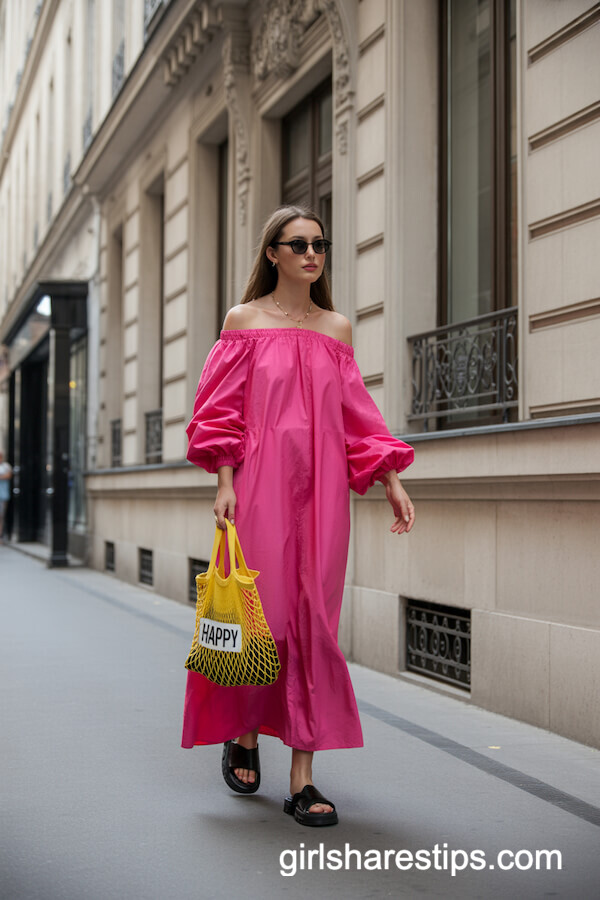 Hot Pink Maxi Dress With Black Chunky Flats