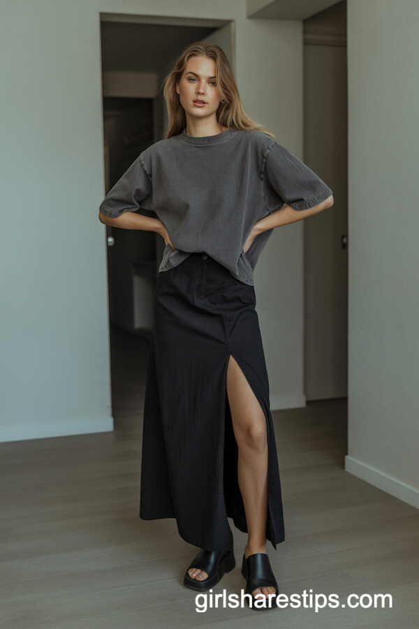 Grey T Shirt And Maxi Skirt With Black Platform Sandals