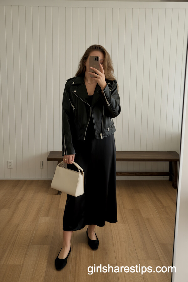 Black Slip Dress And Leather Jacket With Ballet Flats