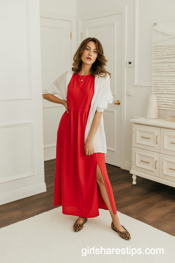 Red Maxi Dress With Leopard Print Flats