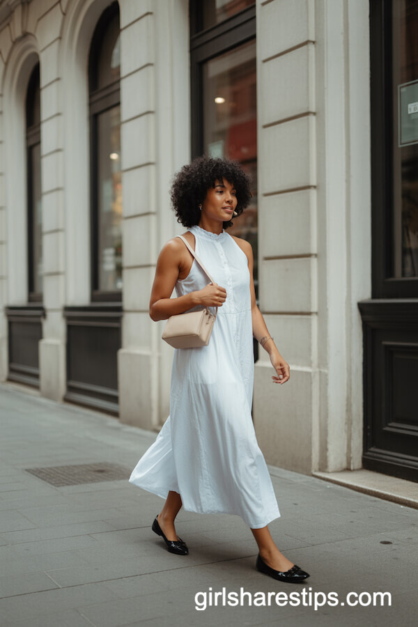 White Maxi Dress With Black Ballet Flats