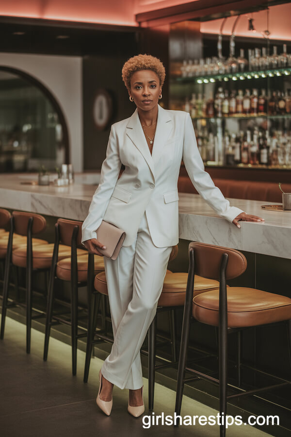 All-white tailored pantsuit with nude pumps