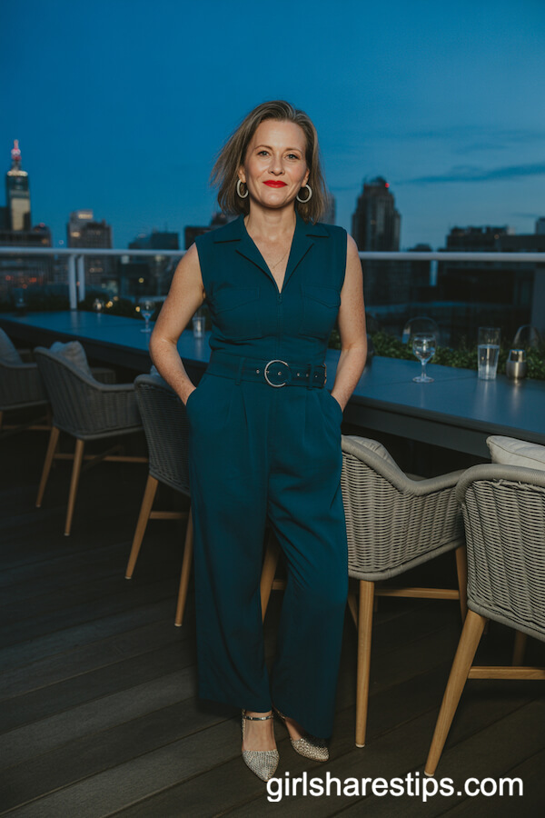 Dark teal belted jumpsuit with silver hoop earrings