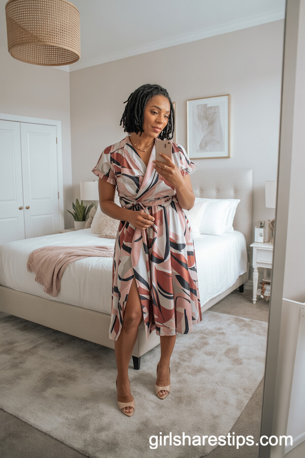 Colorful abstract print wrap dress with nude heels