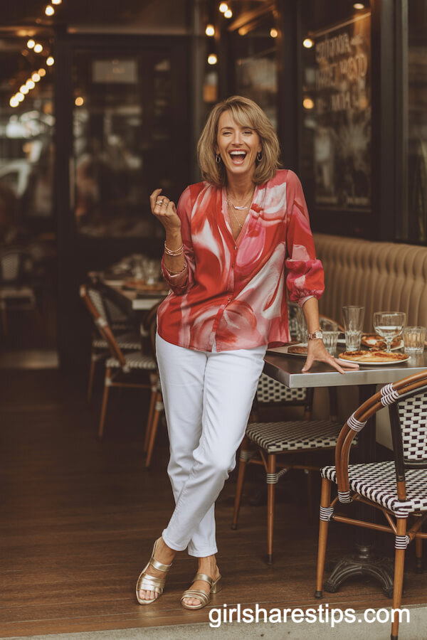 Red and pink abstract print blouse with white jeans