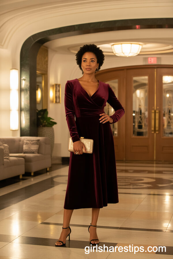 Deep burgundy velvet midi dress with gold clutch