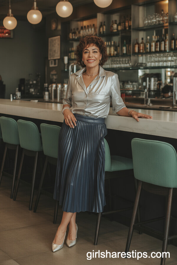 Silver metallic blouse tucked into a navy pleated midi skirt