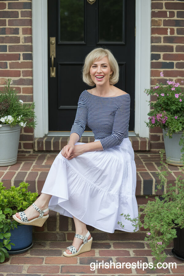 Off-the-shoulder navy and white striped top with a white tiered midi skirt