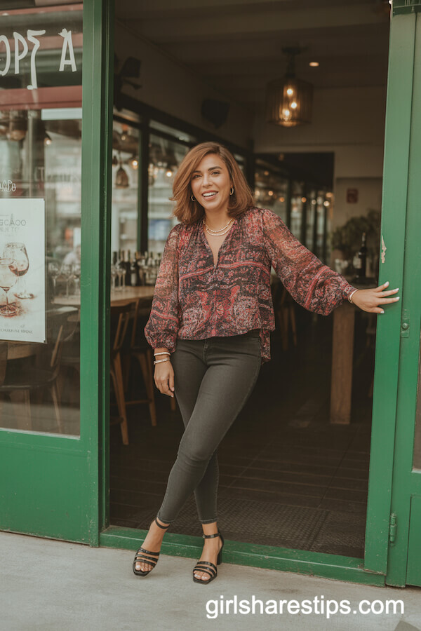 Bold patterned blouse with dark skinny jeans