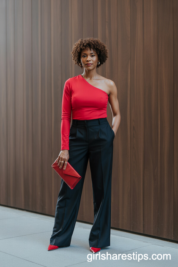 Striking red one-shoulder top with sleek high-waisted black trousers