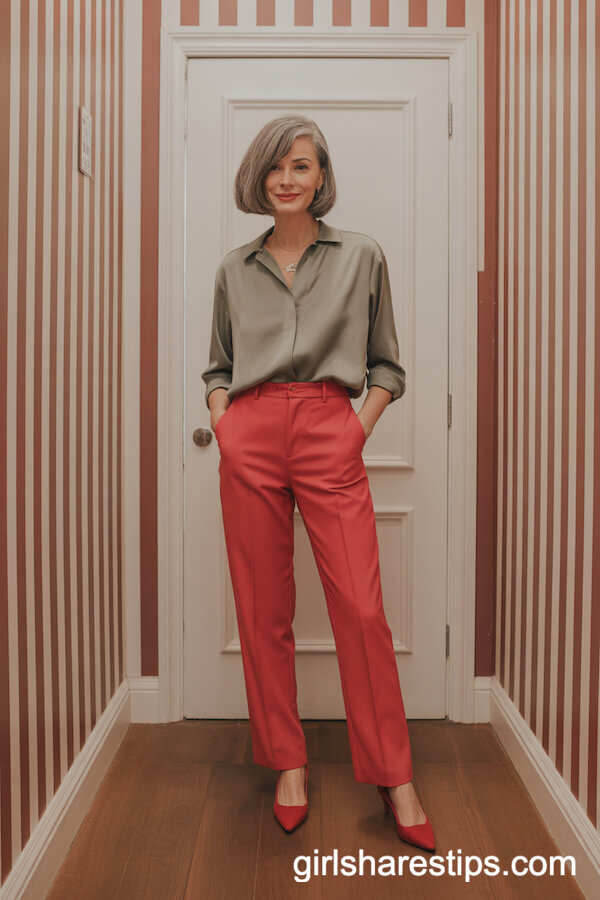 Relaxed olive-green blouse with bright red trousers
