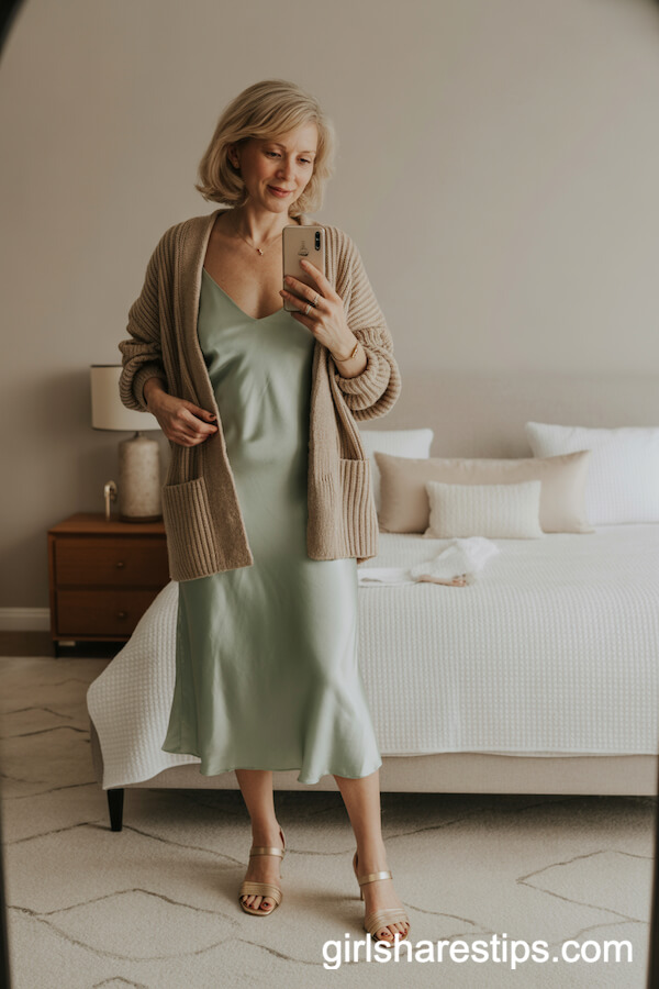 Sage green satin slip dress with a cozy beige cardigan